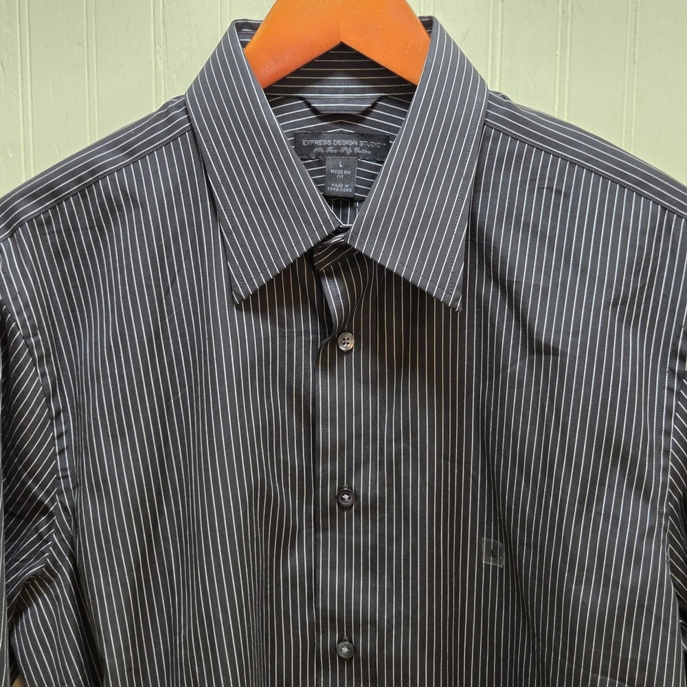 Express Dress Shirt Mens Large Black Pinstripe Slim Fit Long Sleeve Cotton